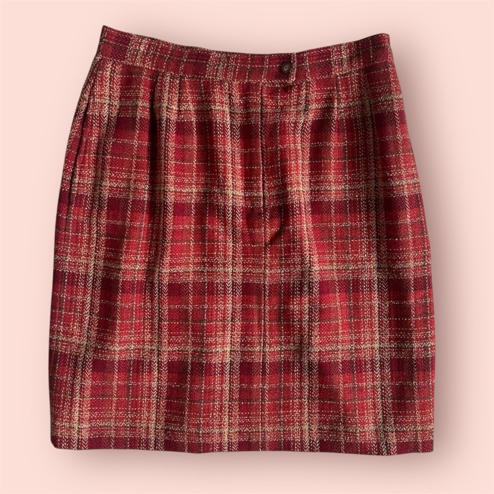 NWT LizSport Fall Autumn Plaid Skirt Size: 14 Red Brown Wool Blend Lined Pockets